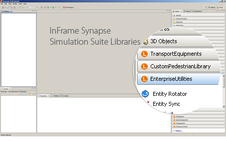 AnyLogic GUI mit Standardbibliotheken und InFrame Synapse Simulation Suite Bibliotheken (rechts)